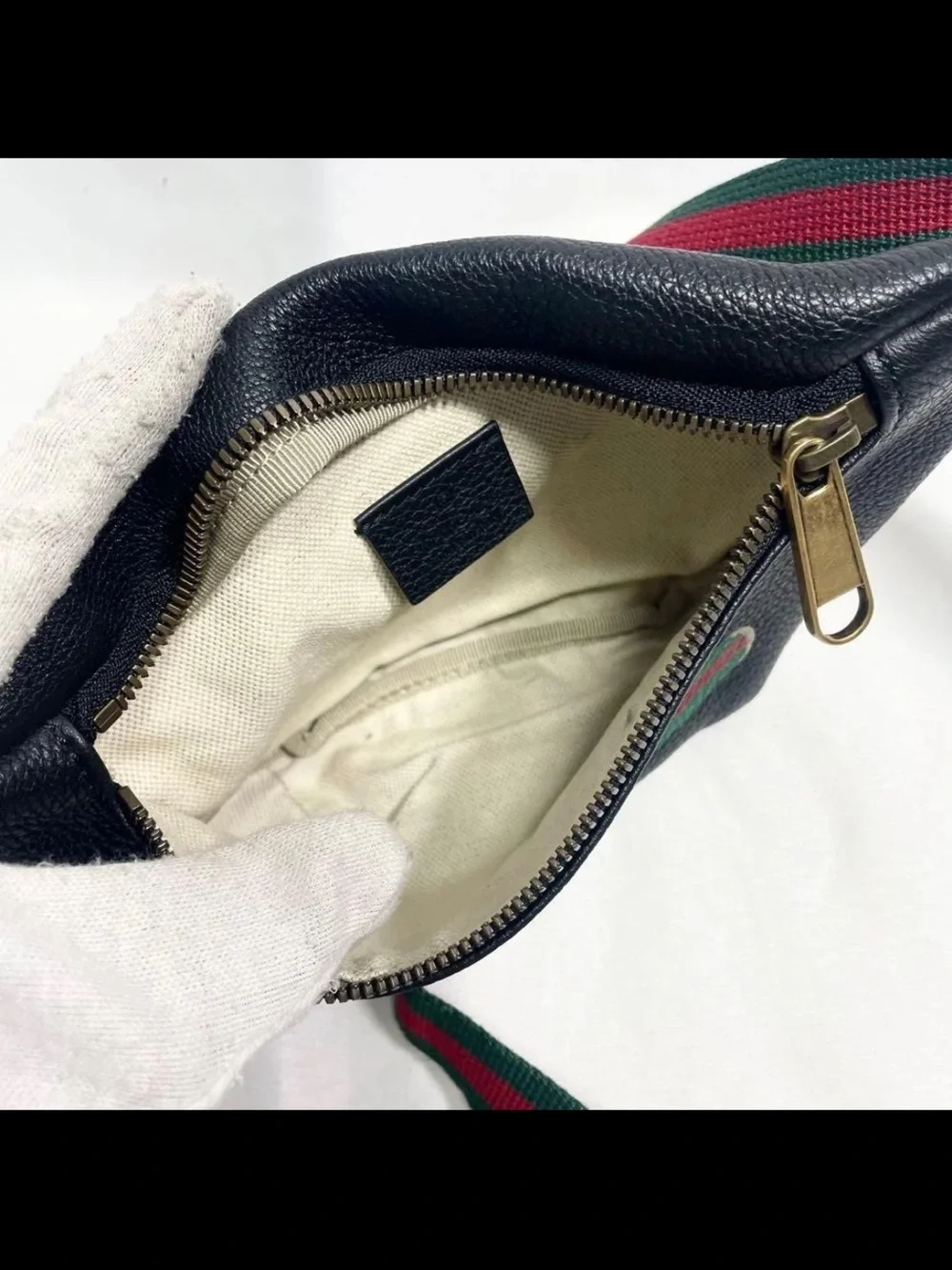 Gucci Black Leather Belt Bag with Green-Red Web Stripe